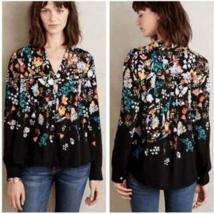 Anthropologie Maeve Floral Woodland Animal Blouse Button Down Size 0